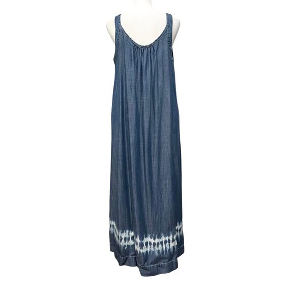 Chico's Chambray Blue Tencel Maxi Long Tank Dress Tie Dye Hem Pockets Sz M (2) - Picture 10 of 13